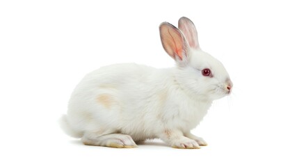Obraz premium White Bunny Rabbit Sitting on White Background with Pink Ears and Bright Eyes