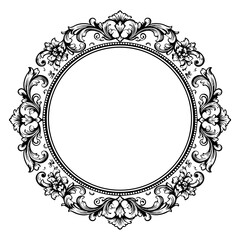 Ornate Floral Baroque Circular Frame Engraving Vector Illustration