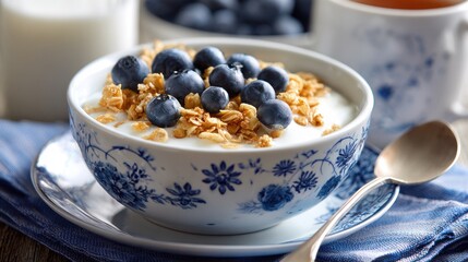 A decorative bowl of yogurt, granola, and blueberries, with accompaniments