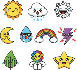 Fototapeta premium Collection of Cute Weather And Nature Icons With Happy And Sad Expressions