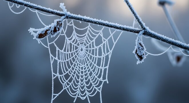 Frosty Spiderweb on Branch with Leaves in Winter Landscape