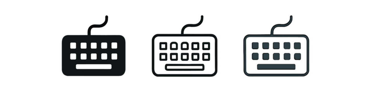 keyboard icon on white background Black silhouette flat icon outline icon and colored icon style. 1x3 grid. three minimal vector icon style.centered composition clear white space around
