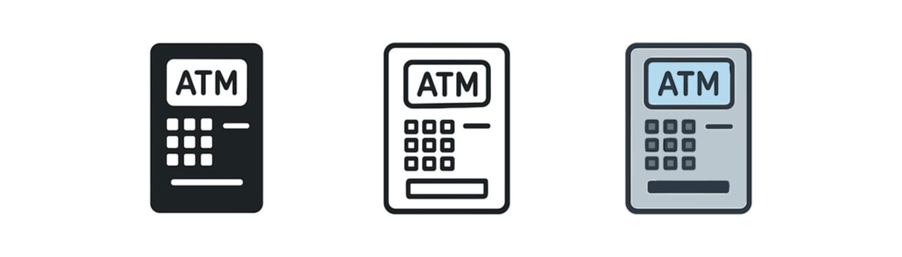 atm machine icon on white background Black silhouette flat icon outline icon and colored icon style. 1x3 grid. three minimal vector icon style.centered composition clear white space around