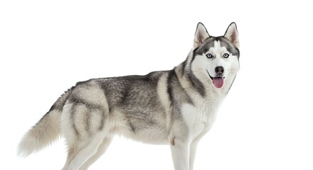 Fototapeta premium Husky Dog Standing Bright White Background with Blue Eyes and Fluffy Fur
