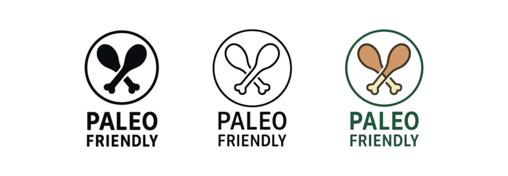 paleo friendly icon on white background Black silhouette flat icon outline icon and colored icon style. 1x3 grid. three minimal vector icon style.centered composition clear white space