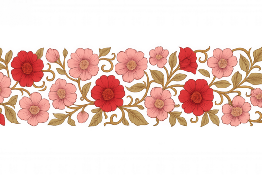Elegant floral border illustration. Blooming red and pink flowers with green leaves on a decorative vine creating a seamless pattern - Powered by Adobe