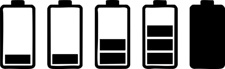 A set of monochrome battery charge level icons showing the progression of energy from empty to fully charged, isolated on a white background © Dhani