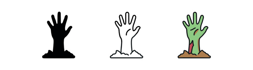 Obraz premium zombie hand icon on white background Black silhouette flat icon outline icon and colored icon style. 1x3 grid. three minimal vector icon style.centered composition clear white space around