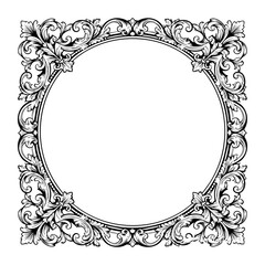 Ornate Floral Baroque Circular Frame Engraving Vector Illustration