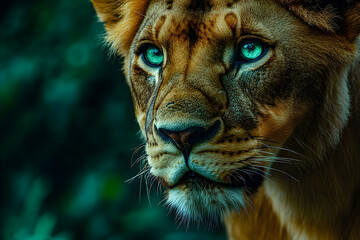 Fototapeta premium Close-up of a Majestic Lion with Striking Emerald Eyes