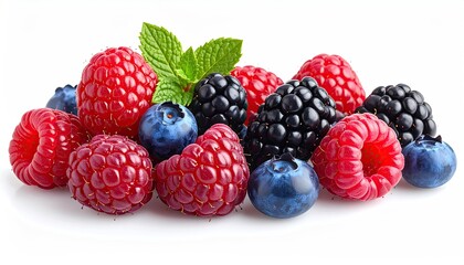 A vibrant assortment of fresh raspberries blueberries and blackberries garnished with mint leaves on a clean white background with soft studio lighting