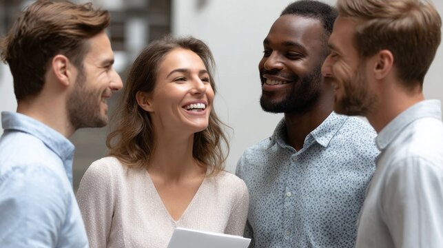 Four diverse professionals engage in a lively discussion, exchanging smiles and ideas in a modern office setting during the morning hours of a productive workday
