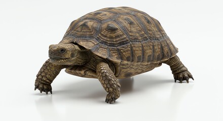 Fototapeta premium Brown Tortoise with Patterned Shell on White Background