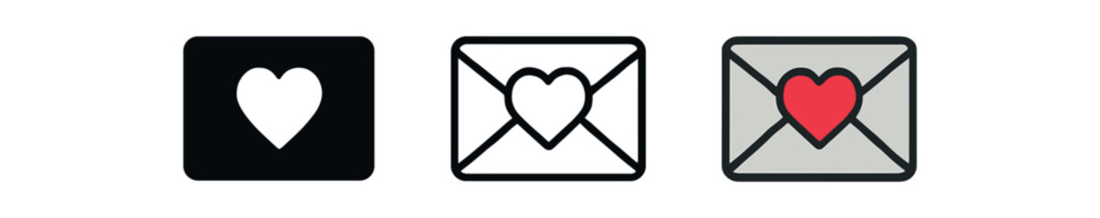 love letter icon on white background Black silhouette flat icon outline icon and colored icon style. 1x3 grid. three minimal vector icon style.centered composition clear white space around