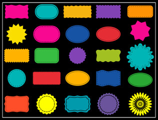 A bold vector set featuring 25 colorful label and badge designs. Including rectangles, ovals, circles, starbursts, and floral shapes with scalloped, zigzag, stitched, and dotted borders.