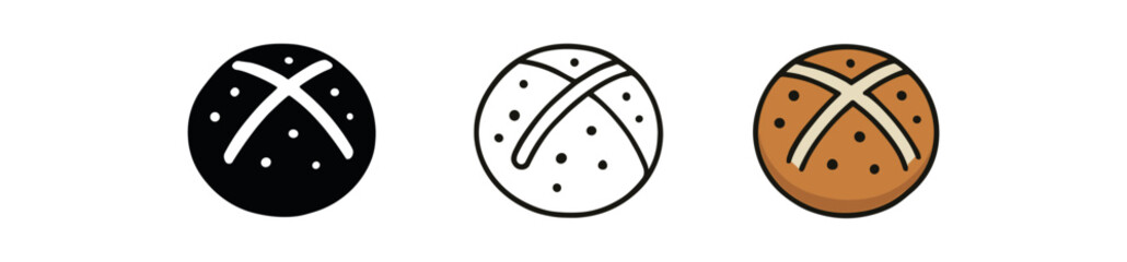 hot cross bun icon on white background Black silhouette flat icon outline icon and colored icon style. 1x3 grid. three minimal vector icon style.centered composition clear white space