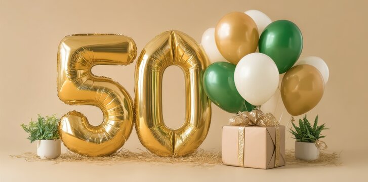 Celebrate a milestone 50th birthday with stylish golden foil balloons, complemented by a festive bouquet of white, green, and gold balloons alongside a beautifully wrapped gift. - Powered by Adobe