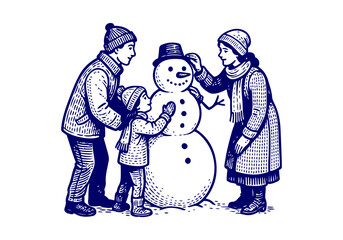Snowman hand drawn simple engraved vector illustration