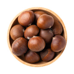 Top view of roasted chestnuts in wooden bowl, Japanese chestnuts	