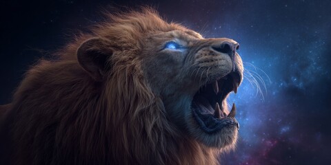 Naklejka premium Majestic roaring lion with fiery mane and glowing blue eyes symbolizing strength, power, and dynamic energy in a cosmic galaxy backdrop