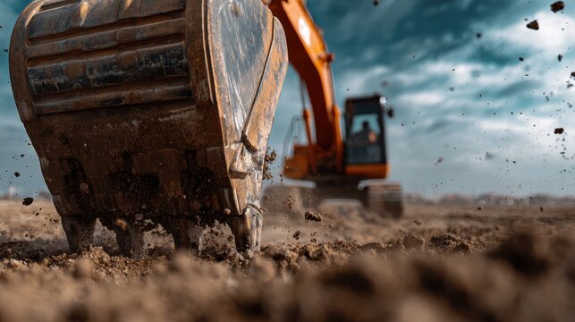 An excavator digs into the earth on a bright sunny day, showcasing the power of machinery against a blurred landscape, emphasizing the dynamic activity of construction and land development.