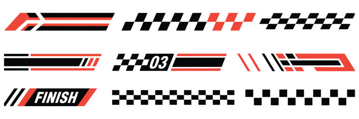 Racing Cars and Race Car Stripes Set with Checkered Flags, Motocross Labels, Dynamic Lines, Motorsport Graphics, Speed Stripes, Sport Decals, and Vehicle Tuning Stickers for Racing Design
