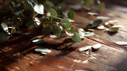 Eucalyptus leaves rest on a rustic wooden surface bathed in soft light.