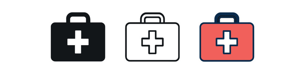 Fototapeta premium first aid kit icon on white background Black silhouette flat icon outline icon and colored icon style. 1x3 grid. three minimal vector icon style.centered composition clear white space