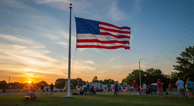 American flag waving proudly at sunset with people gathering for event
