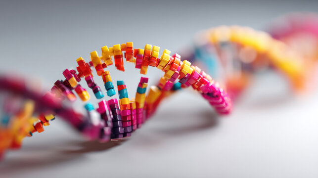 Code Editing - Abstract, A minimalist illustration of a DNA strand composed of abstract glowing blocks, with one block being subtly altered or replaced by a different color.