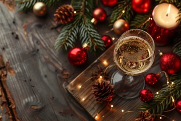 Festive table arrangement with champagne glass, ornaments, pine cones, and candles during Christmas celebration. Copy space