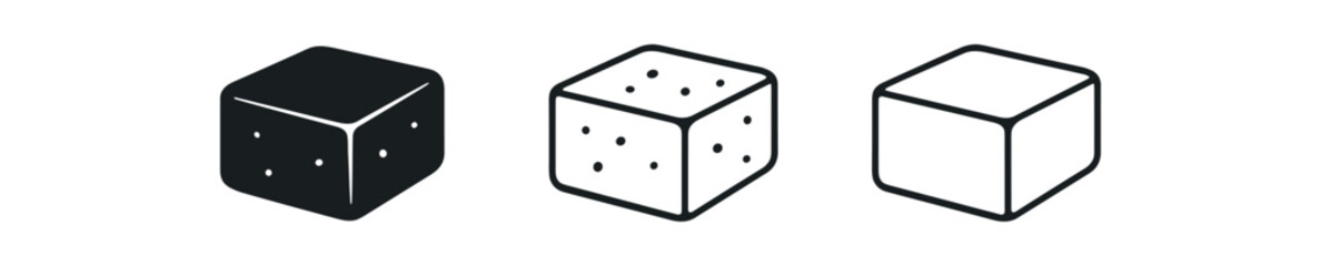 tofu icon on white background Black silhouette flat icon outline icon and colored icon style. 1x3 grid. three minimal vector icon style.centered composition clear white space around equal