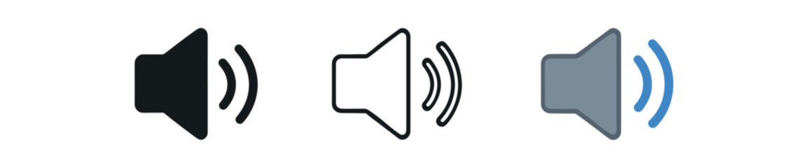speaker icon on white background Black silhouette flat icon outline icon and colored icon style. 1x3 grid. three minimal vector icon style.centered composition clear white space around