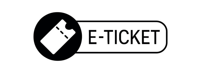 Black silhouette flat icon and outline icon style. Modern transport label design. Circular black icon on the left with simple flat pictogram of ticket. From the circle extends rounded