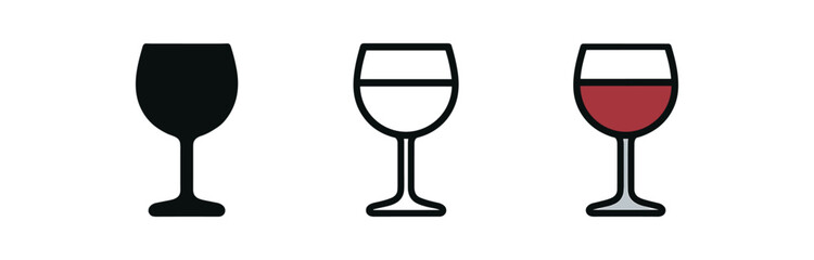 red wine goblet icon on white background Black silhouette flat icon outline icon and colored icon style. 1x3 grid. three minimal vector icon style.centered composition clear white space