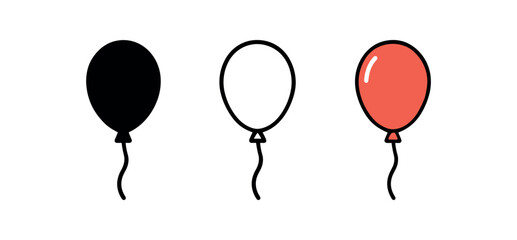 balloon icon on white background Black silhouette flat icon outline icon and colored icon style. 1x3 grid. three minimal vector icon style