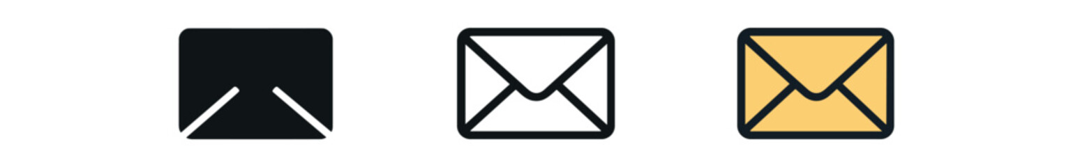 envelope mail icon on white background Black silhouette flat icon outline icon and colored icon style. 1x3 grid. three minimal vector icon style.centered composition clear white space