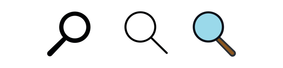 magnifying glass icon on white background Black silhouette flat icon outline icon and colored icon style. 1x3 grid. three minimal vector icon style.centered composition clear white space