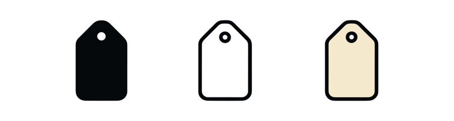 paper label icon on white background Black silhouette flat icon outline icon and colored icon style. 1x3 grid. three minimal vector icon style.centered composition clear white space around