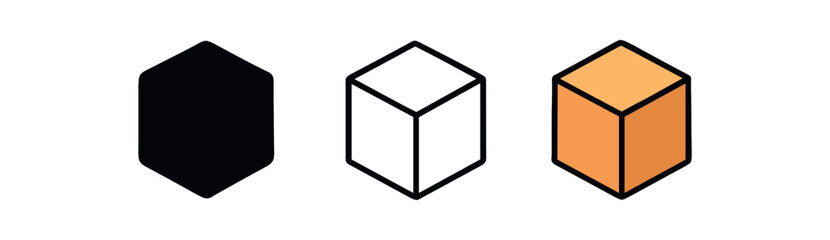 cube icon on white background Black silhouette flat icon outline icon and colored icon style. 1x3 grid. three minimal vector icon style.centered composition clear white space around equal