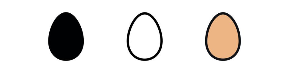 egg free icon on white background Black silhouette flat icon outline icon and colored icon style. 1x3 grid. three minimal vector icon style.centered composition clear white space around