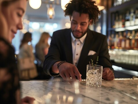 Man in suit socializing at bar