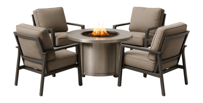 Durable steel-framed set with a fire pit table and cushioned chairs, ideal for backyard