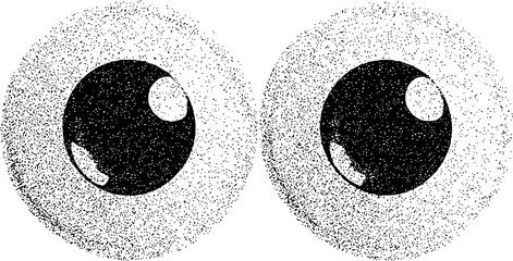 Two stylized black and white eyes with a textured, grainy appearance