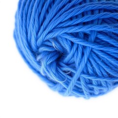 Close-up of a blue yarn ball on white background, soft knitting texture and detail, perfect for craft and textile themes, 