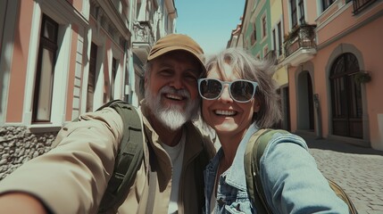 Senior couple taking a selfie on a city street