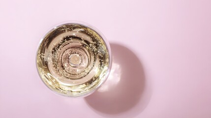 brut. Glass of rose sparkling wine on a pastel pink background, captured from above with soft shadows and studio lighting. bar promotions.