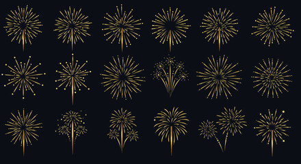 Golden Fireworks Vector Set for Celebrations and Festive Events, Elegant Design