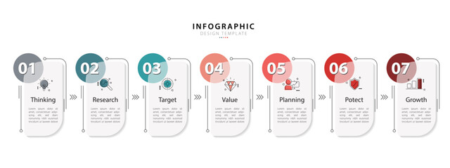 Business infographic template. 7 Step timeline journey. Process diagram, 7 options on white background, Infograph elements, technology, education, modern vector illustration.