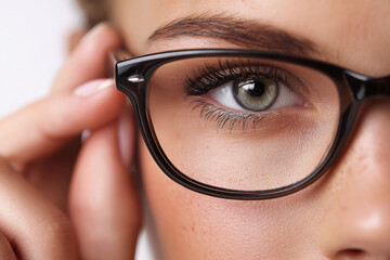 Elegant woman carefully checking her glasses for clarity against a clean white background